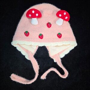 MiniOlie Baby Mushroom Strawberry Knit Bonnet 8 mos - 3T